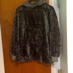 Fleece pullover. With hood. Dark gray.  Cuffs new never worn